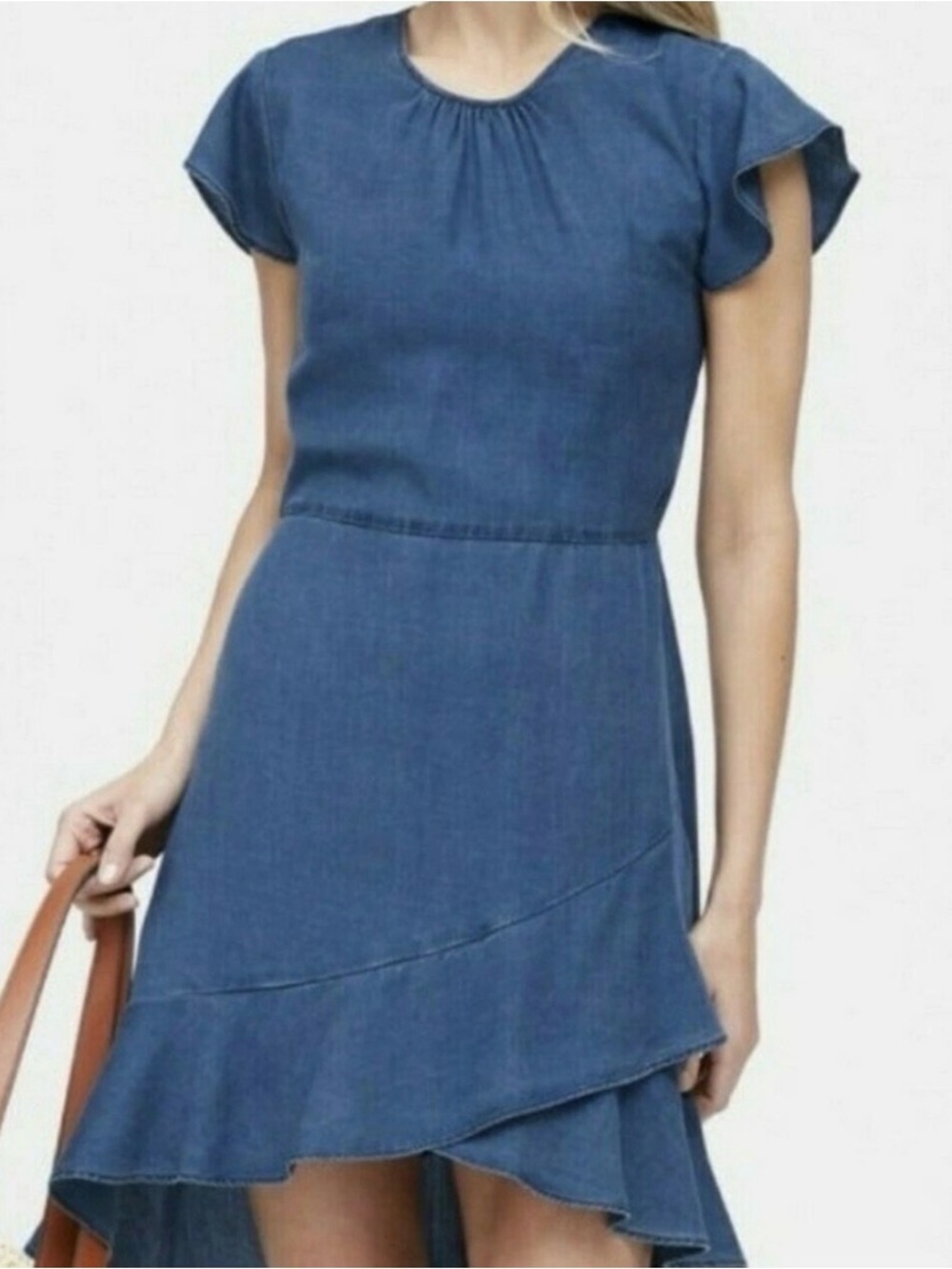Women's Blue Chambray Ruffle Hem Dress -